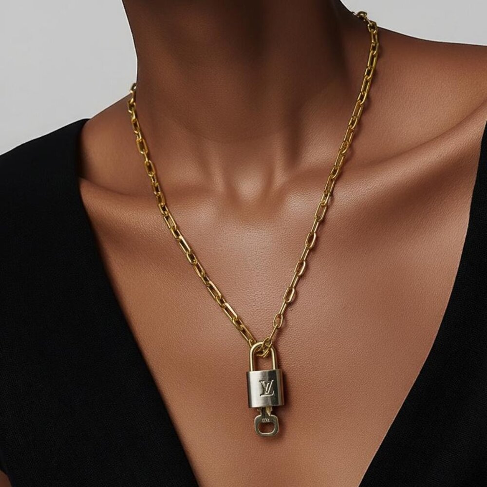 Authentic Louis Vuitton Gold Padlock w/Unbranded Stainless Steel Chain Necklace